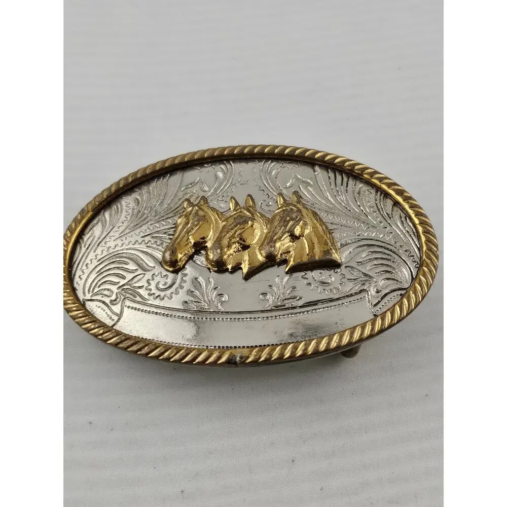 Men's Silver & Gold Horse Head Belt Buckle - Classic Western Style
